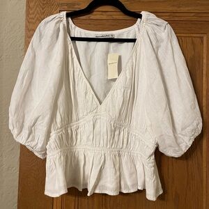 Abercrombie & Fitch Short-Sleeve Linen Blend White Babydoll Top